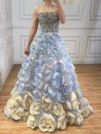 Luxury Blue Crystal Beaded 3D Floral Ball Gown Evening Dress CLA73514