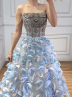Luxury Blue Crystal Beaded 3D Floral Ball Gown Evening Dress CLA73514