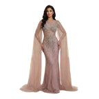 Luxury Pink Crystal Beaded Mermaid Evening Dress With Cape Sleeves LA73518