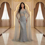 Luxury Pink Crystal Beaded Mermaid Evening Dress With Cape Sleeves LA73518