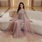 Luxury Pink Crystal Beaded Mermaid Evening Dress With Cape Sleeves LA73518