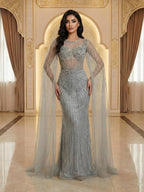 Luxury Pink Crystal Beaded Mermaid Evening Dress With Cape Sleeves LA73518