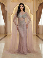 Luxury Pink Crystal Beaded Mermaid Evening Dress With Cape Sleeves LA73518