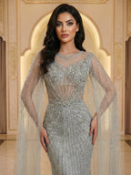 Luxury Pink Crystal Beaded Mermaid Evening Dress With Cape Sleeves LA73518