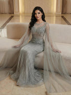 Luxury Pink Crystal Beaded Mermaid Evening Dress With Cape Sleeves LA73518