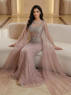Luxury Pink Crystal Beaded Mermaid Evening Dress With Cape Sleeves LA73518