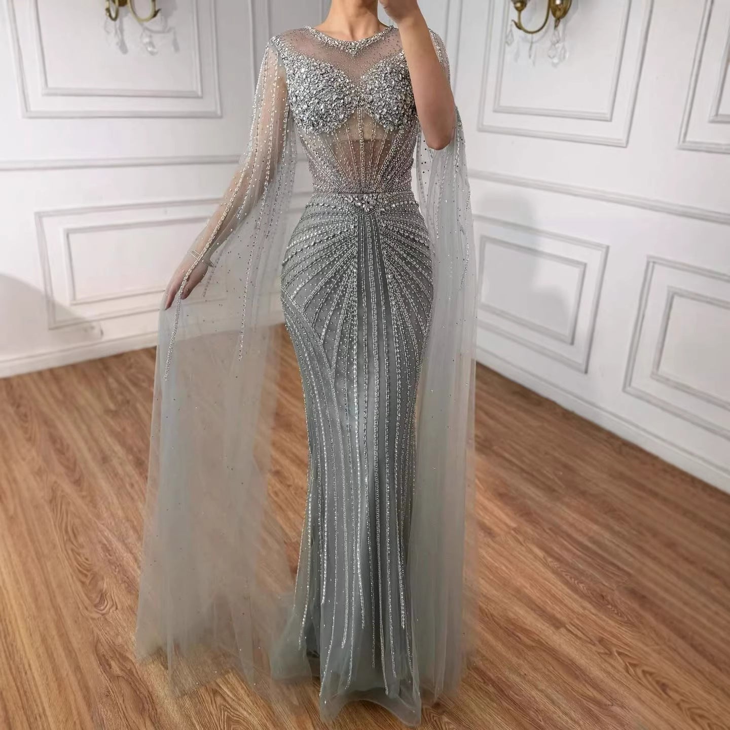 Luxury Pink Crystal Beaded Mermaid Evening Dress With Cape Sleeves LA73518