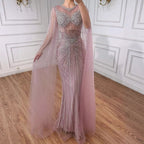 Luxury Pink Crystal Beaded Mermaid Evening Dress With Cape Sleeves LA73518