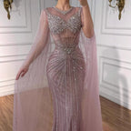 Luxury Pink Crystal Beaded Mermaid Evening Dress With Cape Sleeves LA73518