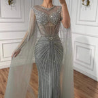 Luxury Pink Crystal Beaded Mermaid Evening Dress With Cape Sleeves LA73518