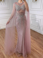 Luxury Pink Crystal Beaded Mermaid Evening Dress With Cape Sleeves LA73518