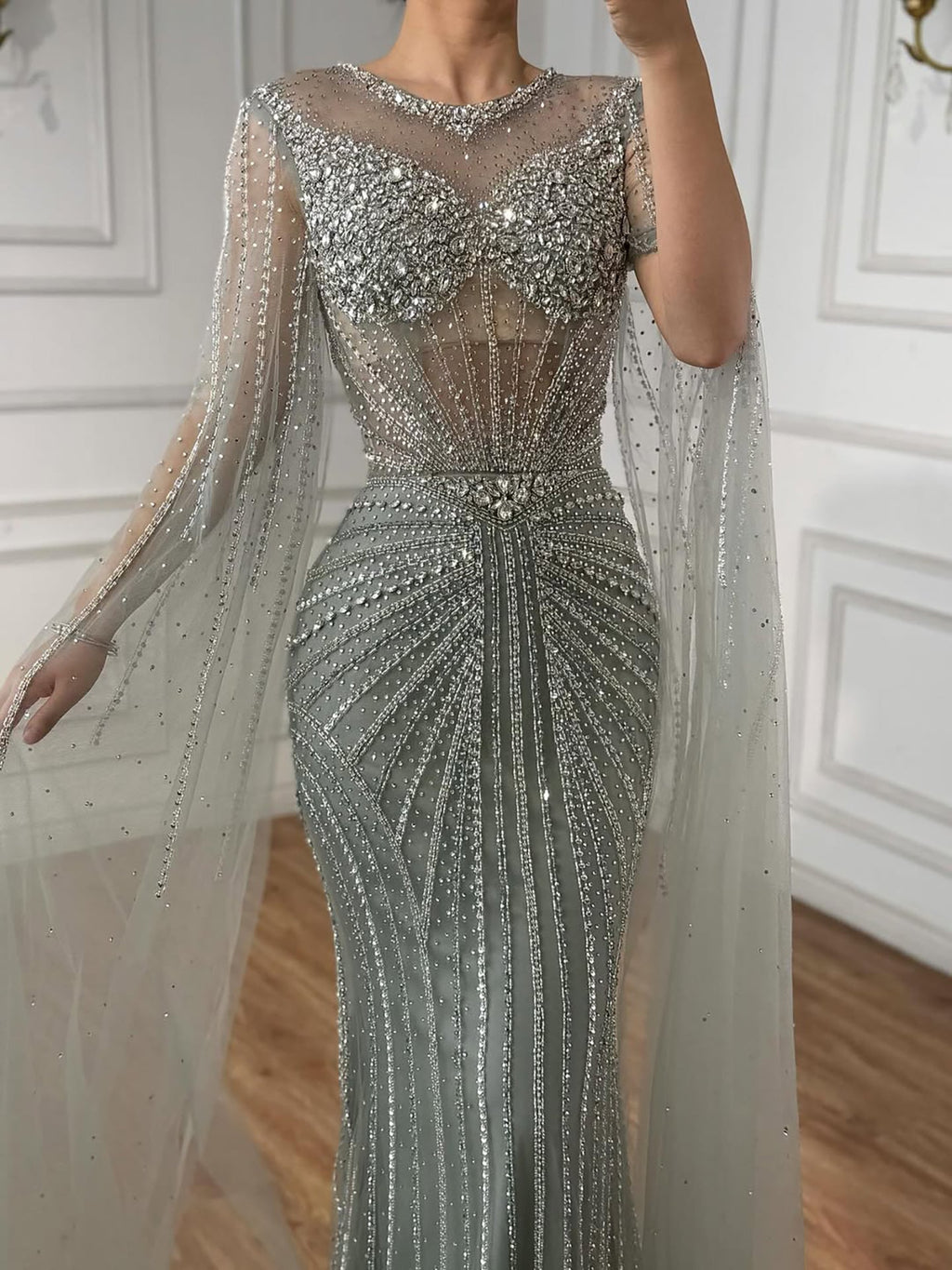 Luxury Pink Crystal Beaded Mermaid Evening Dress With Cape Sleeves LA73518