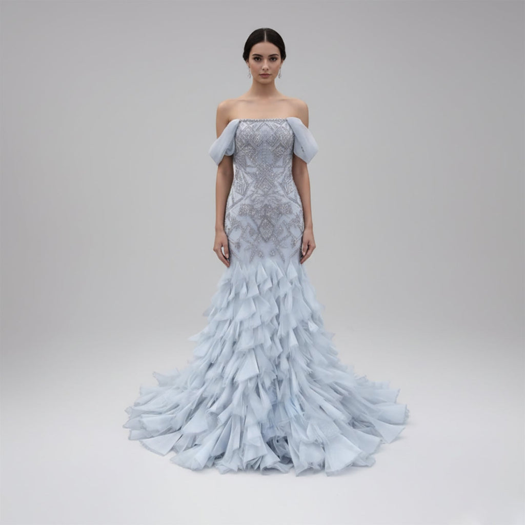 Blue Luxury Beaded Mermaid Evening Dress Off Shoulder Wedding Occasion Women Party Gown CLA73521