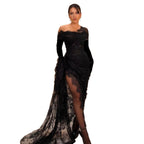 Luxury Black Long Sleeve Illusion Cut Out Lace Mermaid Evening Dress LA73522