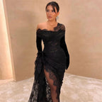 Luxury Black Long Sleeve Illusion Cut Out Lace Mermaid Evening Dress LA73522