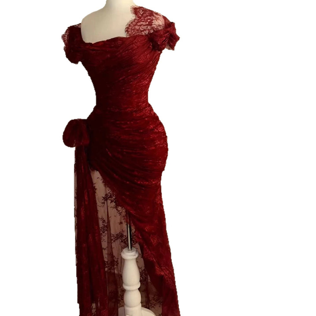 Luxury Wine Red Illusion Cut Out Lace Mermaid Slit Evening Dress LA73522A