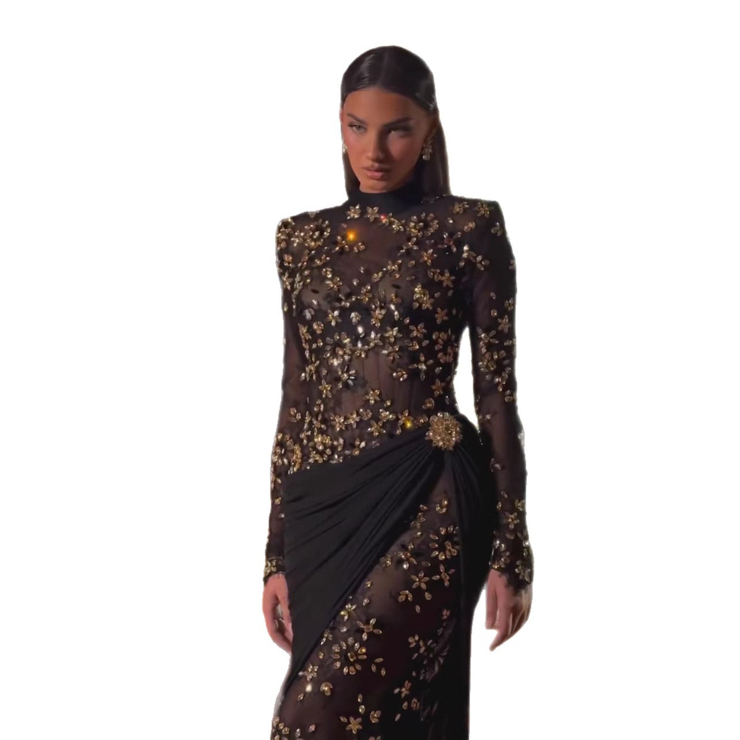Luxury Arabic Black Modest Long Sleeves Beaded Evening Dress With Chiffon Skirt CLA73524