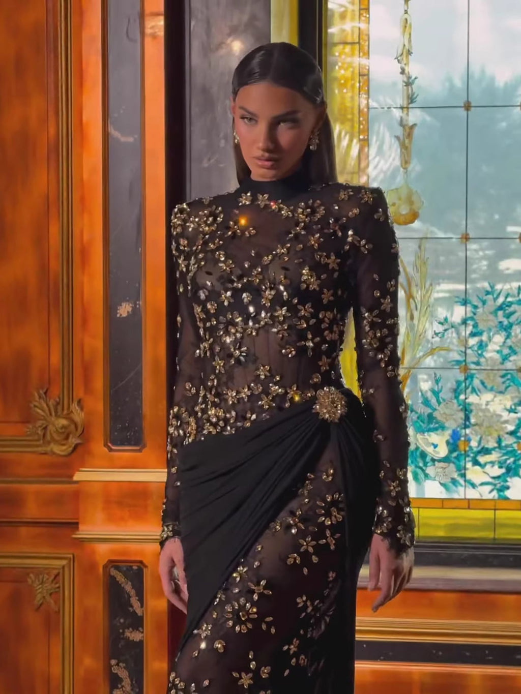 Luxury Arabic Black Modest Long Sleeves Beaded Evening Dress With Chiffon Skirt CLA73524