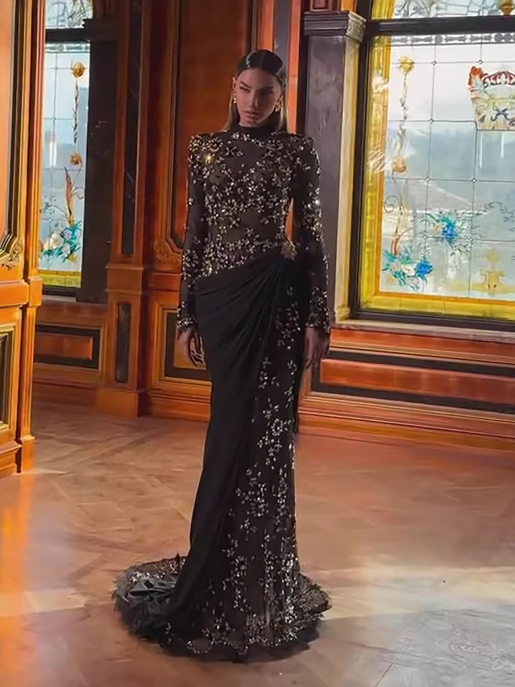 Luxury Arabic Black Modest Long Sleeves Beaded Evening Dress With Chiffon Skirt CLA73524