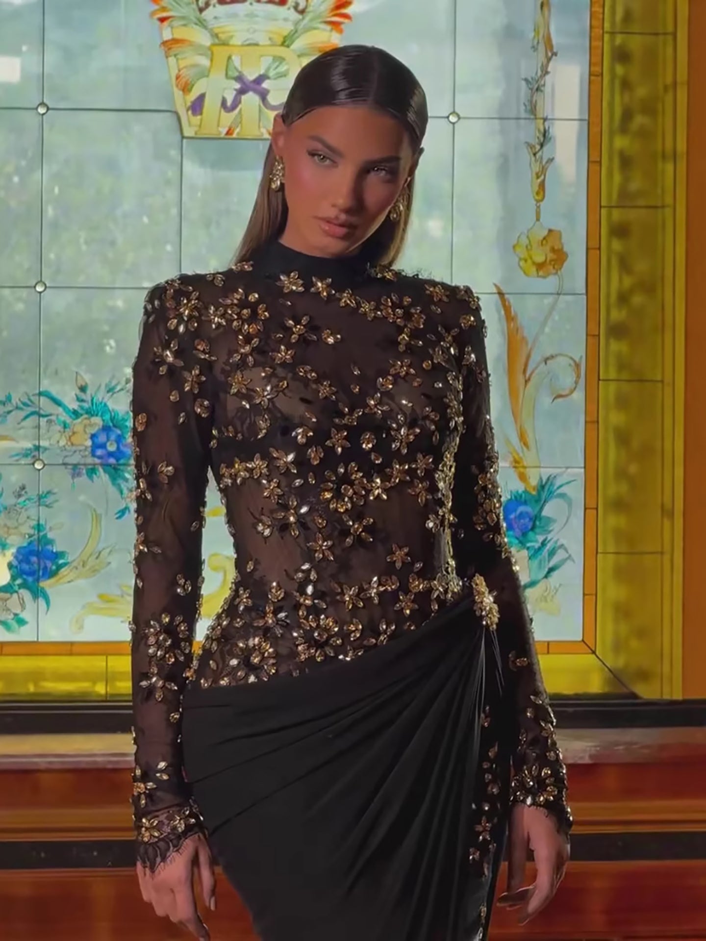 Luxury Arabic Black Modest Long Sleeves Beaded Evening Dress With Chiffon Skirt CLA73524