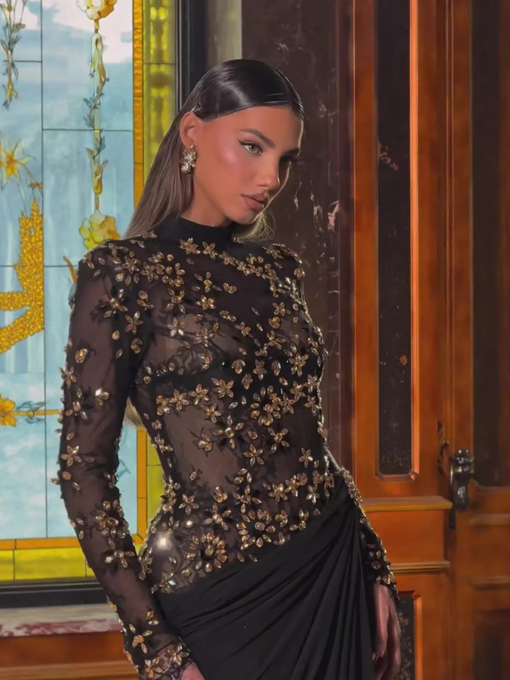 Luxury Arabic Black Modest Long Sleeves Beaded Evening Dress With Chiffon Skirt CLA73524