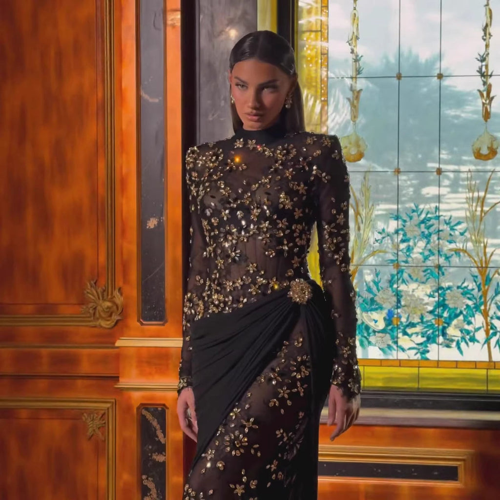 Luxury Arabic Black Modest Long Sleeves Beaded Evening Dress With Chiffon Skirt CLA73524