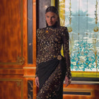 Luxury Arabic Black Modest Long Sleeves Beaded Evening Dress With Chiffon Skirt CLA73524