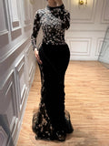 Luxury Arabic Black Modest Long Sleeves Beaded Evening Dress With Chiffon Skirt CLA73524