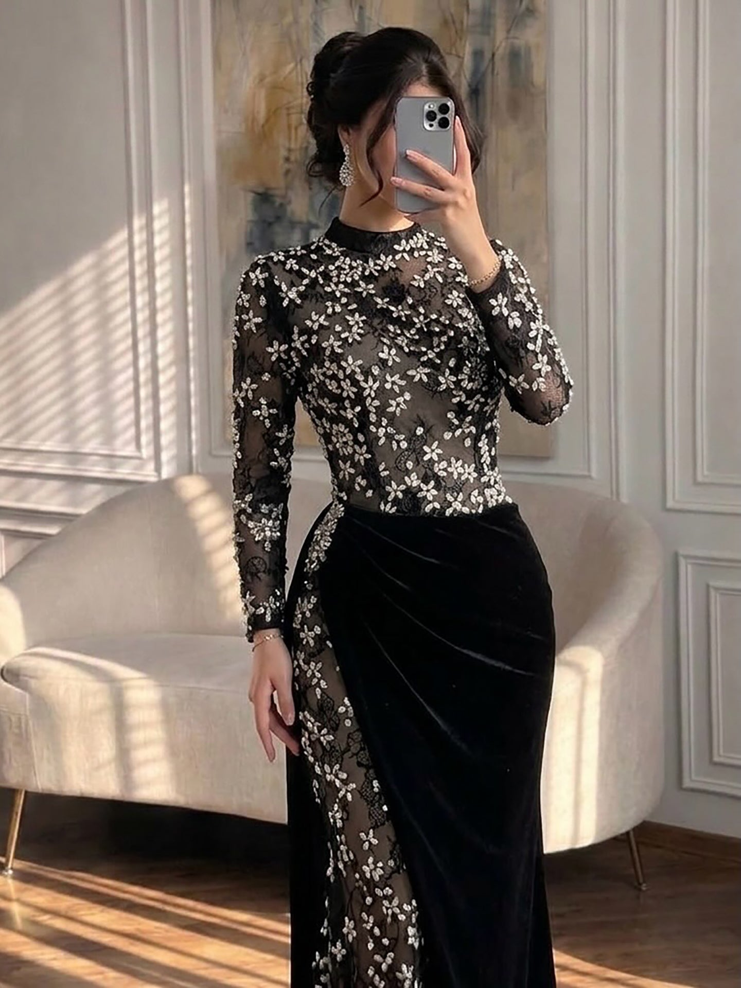 Luxury Arabic Black Modest Long Sleeves Beaded Evening Dress With Chiffon Skirt CLA73524