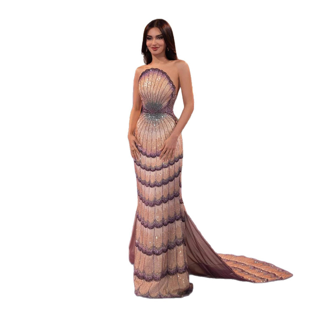 Luxury Purple Strapless Backless Beaded Evening Dress With Skirt CLA73527