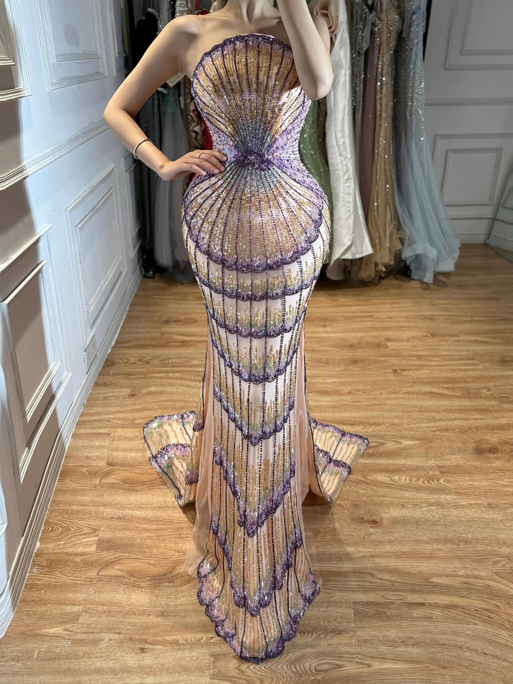 Luxury Purple Strapless Backless Beaded Evening Dress With Skirt CLA73527