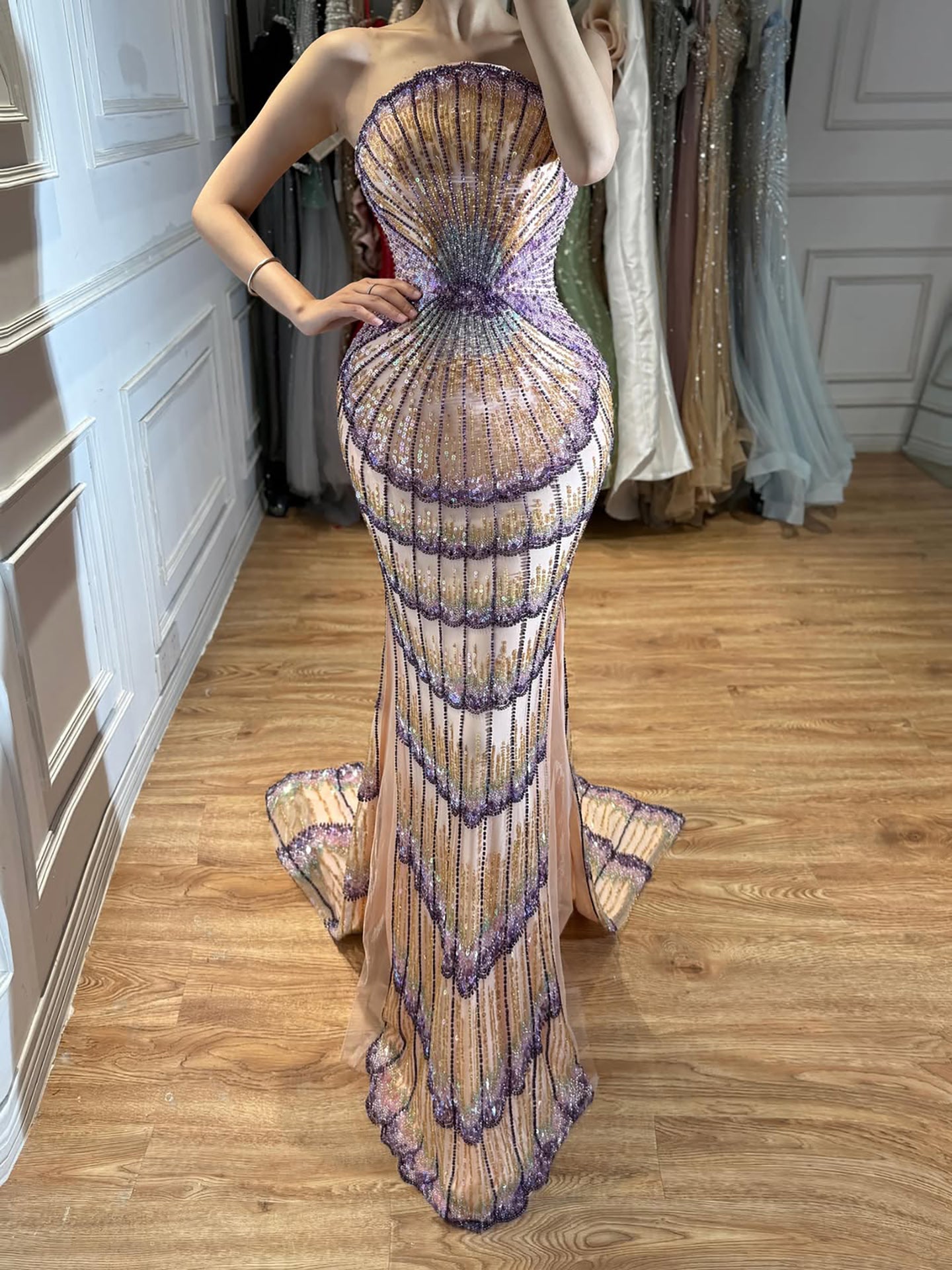 Luxury Purple Strapless Backless Beaded Evening Dress With Skirt CLA73527