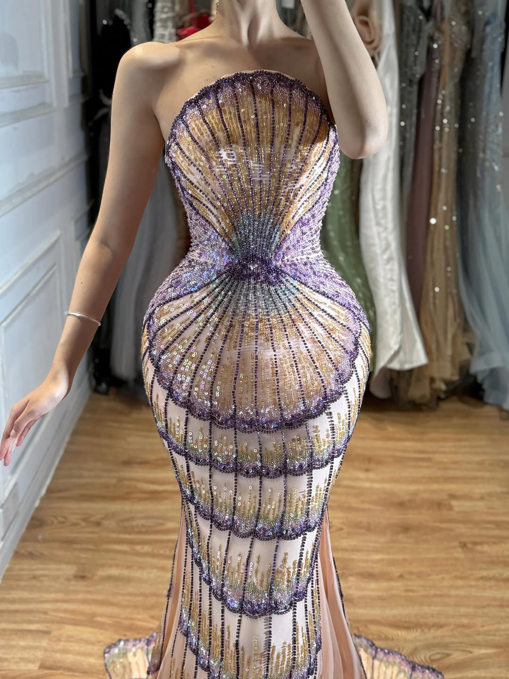 Luxury Purple Strapless Backless Beaded Evening Dress With Skirt CLA73527