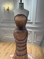 Luxury Purple Strapless Backless Beaded Evening Dress With Skirt CLA73527