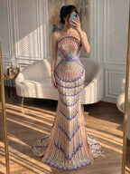 Luxury Purple Strapless Backless Beaded Evening Dress With Skirt CLA73527