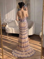 Luxury Purple Strapless Backless Beaded Evening Dress With Skirt CLA73527