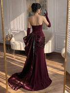 Arabic Burgundy Strapless Simple Velvet Beaded Mermaid Evening Dress With Gloves CLA73528