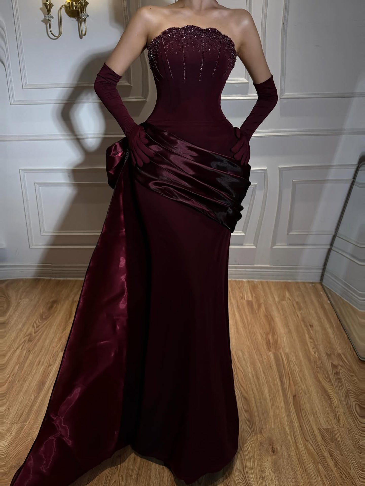 Arabic Burgundy Strapless Simple Velvet Beaded Mermaid Evening Dress With Gloves CLA73528