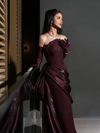 Arabic Burgundy Strapless Simple Velvet Beaded Mermaid Evening Dress With Gloves CLA73528