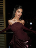 Arabic Burgundy Strapless Simple Velvet Beaded Mermaid Evening Dress With Gloves CLA73528