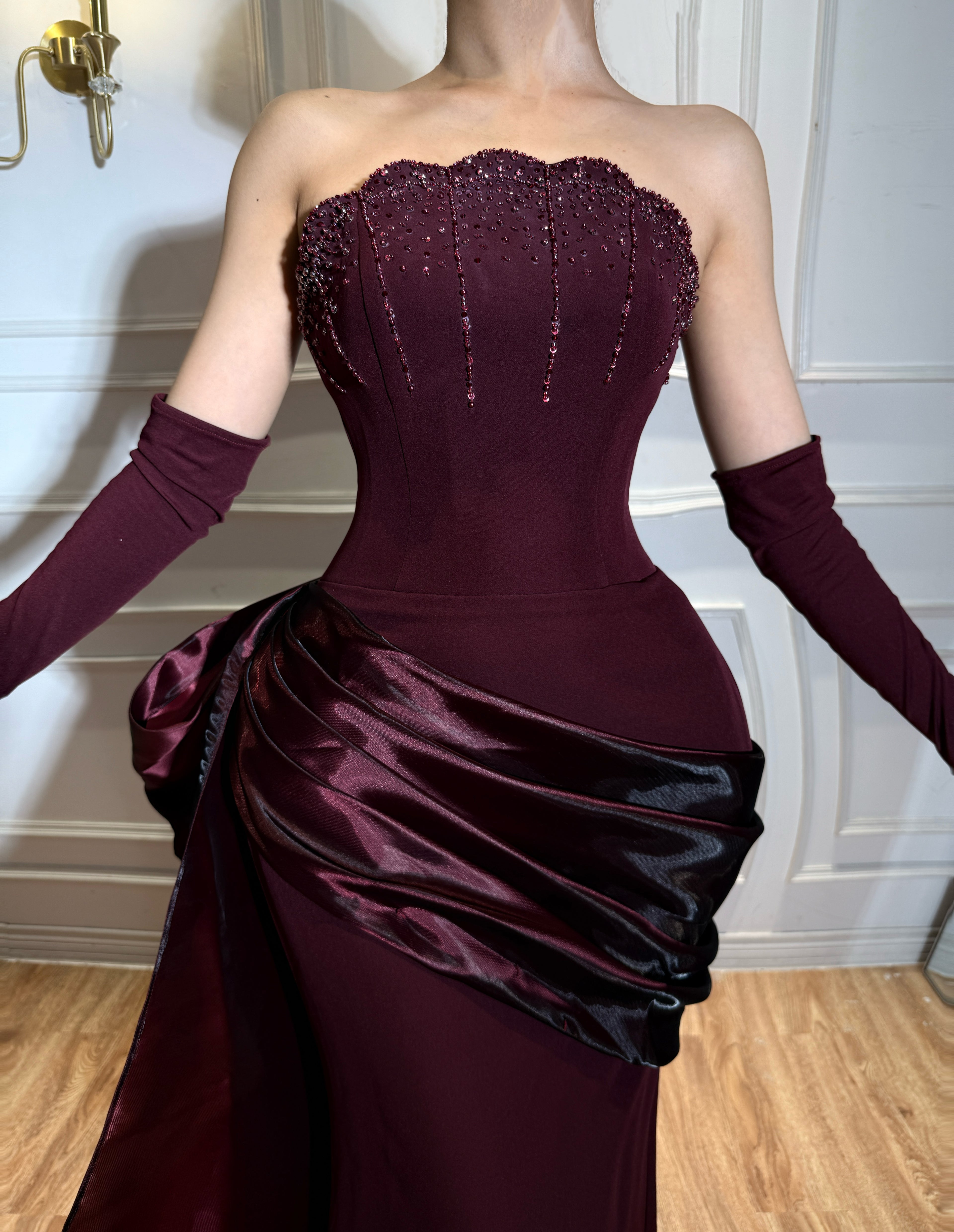 Arabic Burgundy Strapless Simple Velvet Beaded Mermaid Evening Dress With Gloves CLA73528