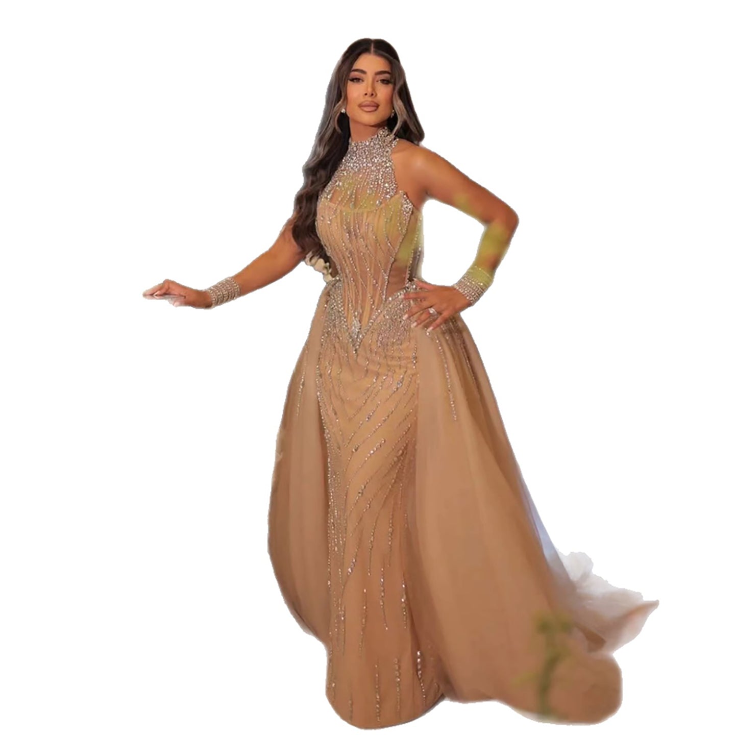 Luxury Nude Crystal Beaded Halter Neck Mermaid Evening Dress with Tulle Overskirt LA73530