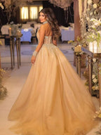 Luxury Nude Crystal Beaded Halter Neck Mermaid Evening Dress with Tulle Overskirt LA73530