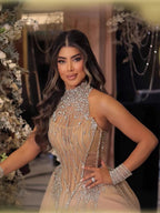 Luxury Nude Crystal Beaded Halter Neck Mermaid Evening Dress with Tulle Overskirt LA73530