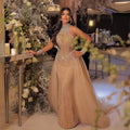 Luxury Nude Crystal Beaded Halter Neck Mermaid Evening Dress with Tulle Overskirt LA73530