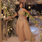 Luxury Nude Crystal Beaded Halter Neck Mermaid Evening Dress with Tulle Overskirt LA73530