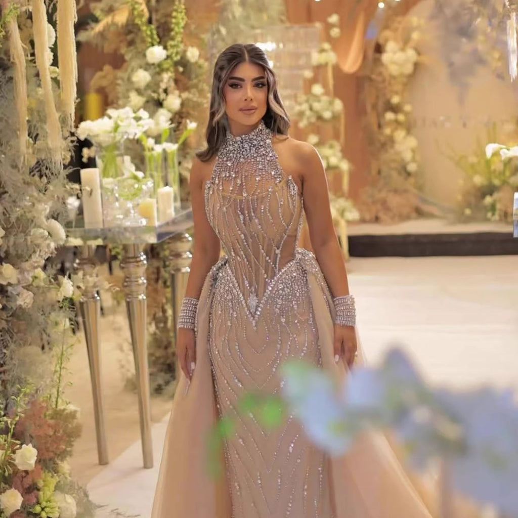 Luxury Nude Crystal Beaded Halter Neck Mermaid Evening Dress with Tulle Overskirt LA73530