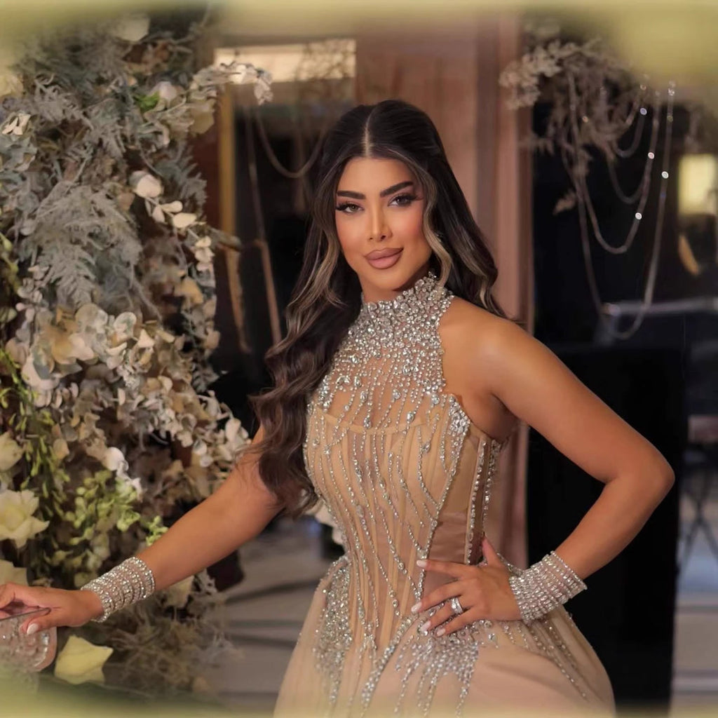Luxury Nude Crystal Beaded Halter Neck Mermaid Evening Dress with Tulle Overskirt LA73530