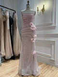 Arabic Pink Luxury Beaded Floral Mermaid Evening Dress Strapless Women Party Gown CLA73532A