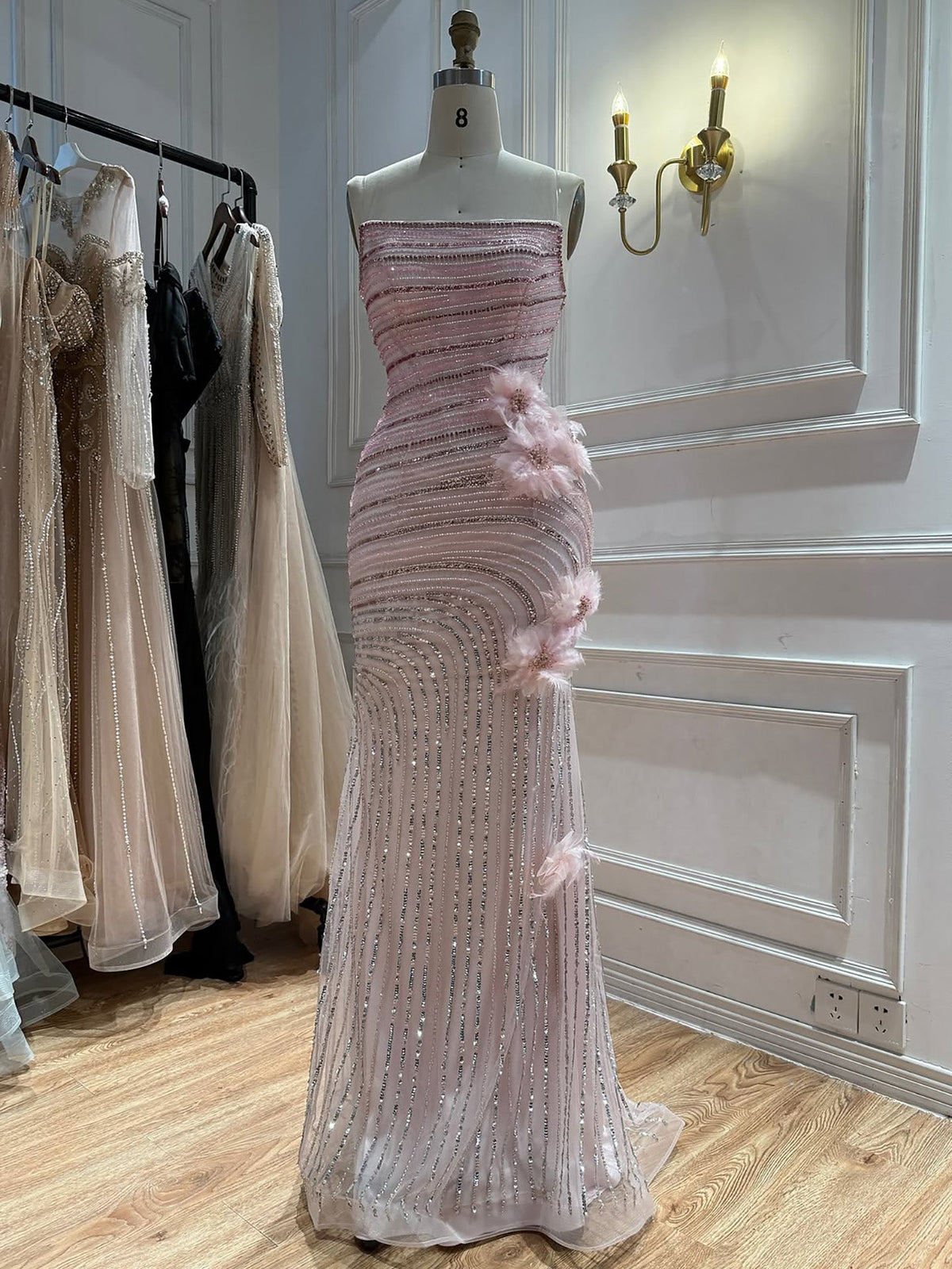 Arabic Pink Luxury Beaded Floral Mermaid Evening Dress Strapless Women Party Gown CLA73532A